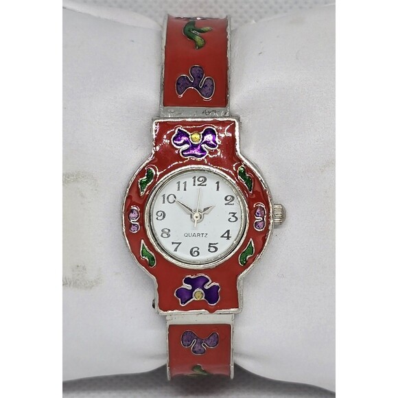 Accessories - Women's Trendy Round Floral Red Silver Tone Cuff Bracelet Watch 13